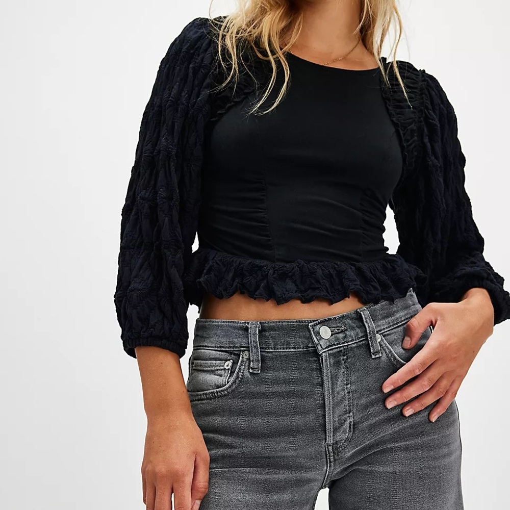 Free People Oliva Black Puff Sleeve Crop Blouse
